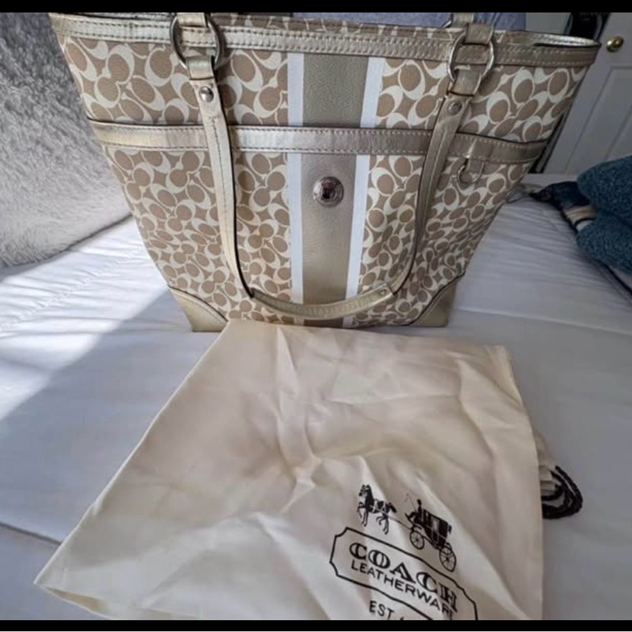 Coach Beige Signature Stripe Tote With Metallic Trim